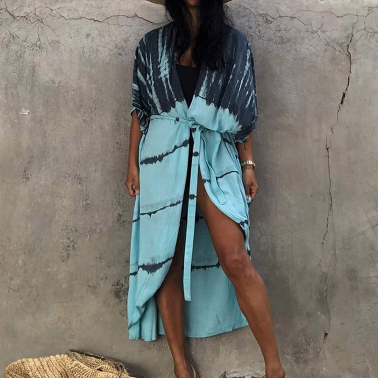 Bikini Cover-ups Beach Pareo Stripes Blue grey One Size