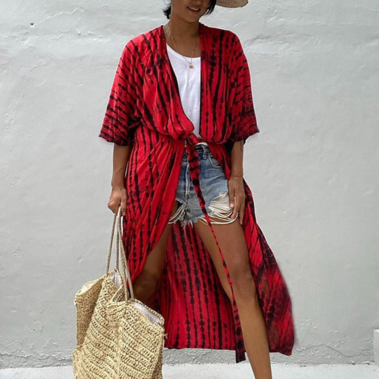 Bikini Cover-ups Beach Pareo Stripes Red One Size