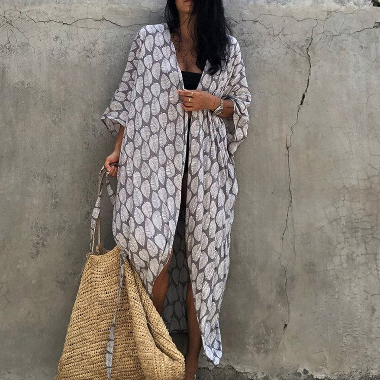 Bikini Cover-ups Beach Pareo Stripes Gray leaf One Size