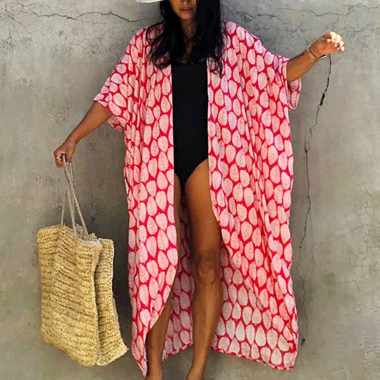 Bikini Cover-ups Beach Pareo Stripes Light red leaf One Size