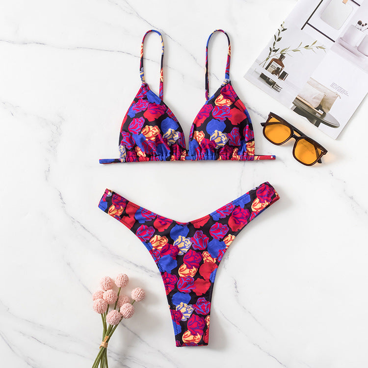 Bikini Piece Set European And American Ins Backless Printed Swimsuit Sapphire blue