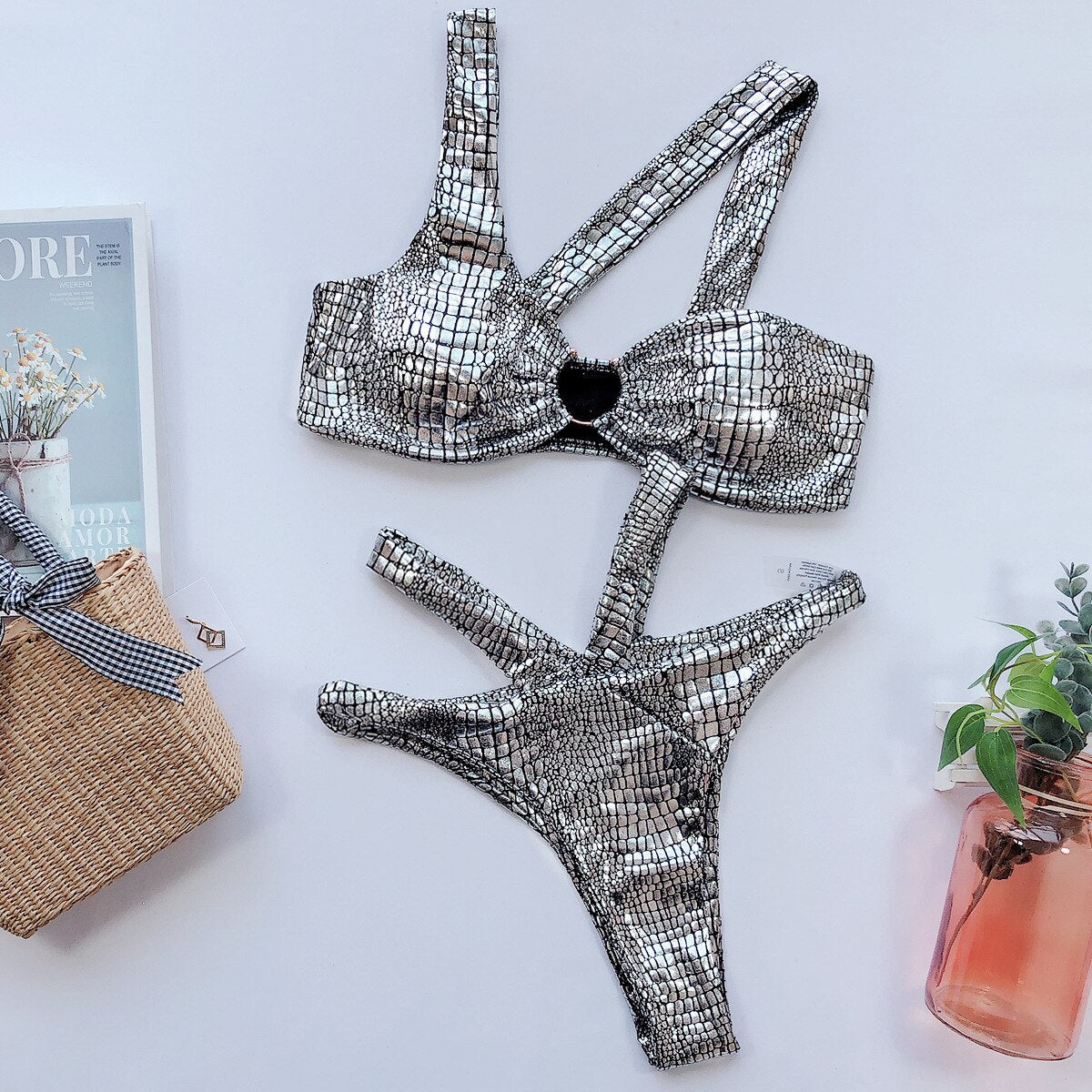 Bikini Sexy Bronzing Snakeskin Hollow Swimwear - Swimsuit Bikinis Set Bathing Suit Beach Bikini Luxe Female Metal Ring Silver