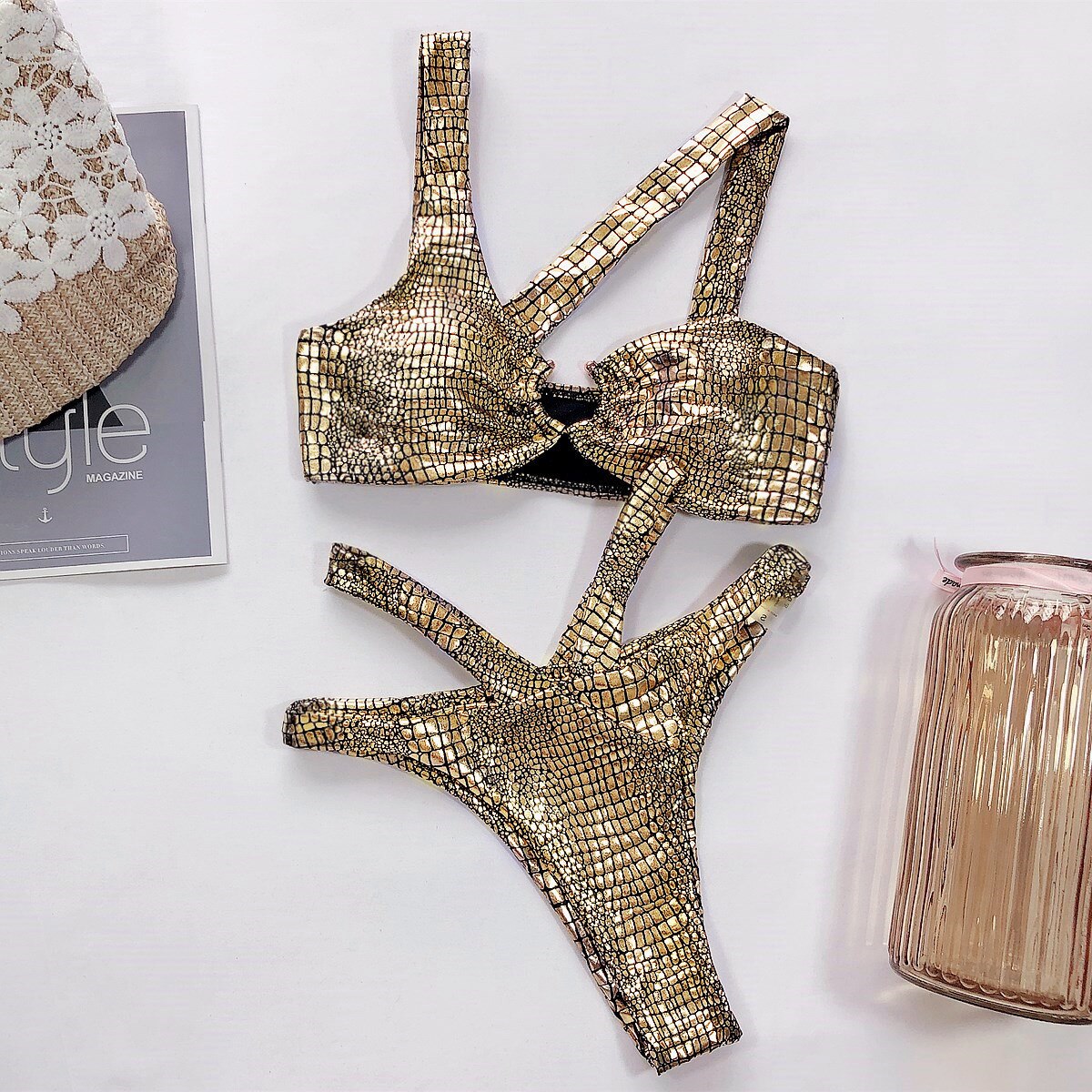 Bikini Sexy Bronzing Snakeskin Hollow Swimwear - Swimsuit Bikinis Set Bathing Suit Beach Bikini Luxe Female Metal Ring Gold