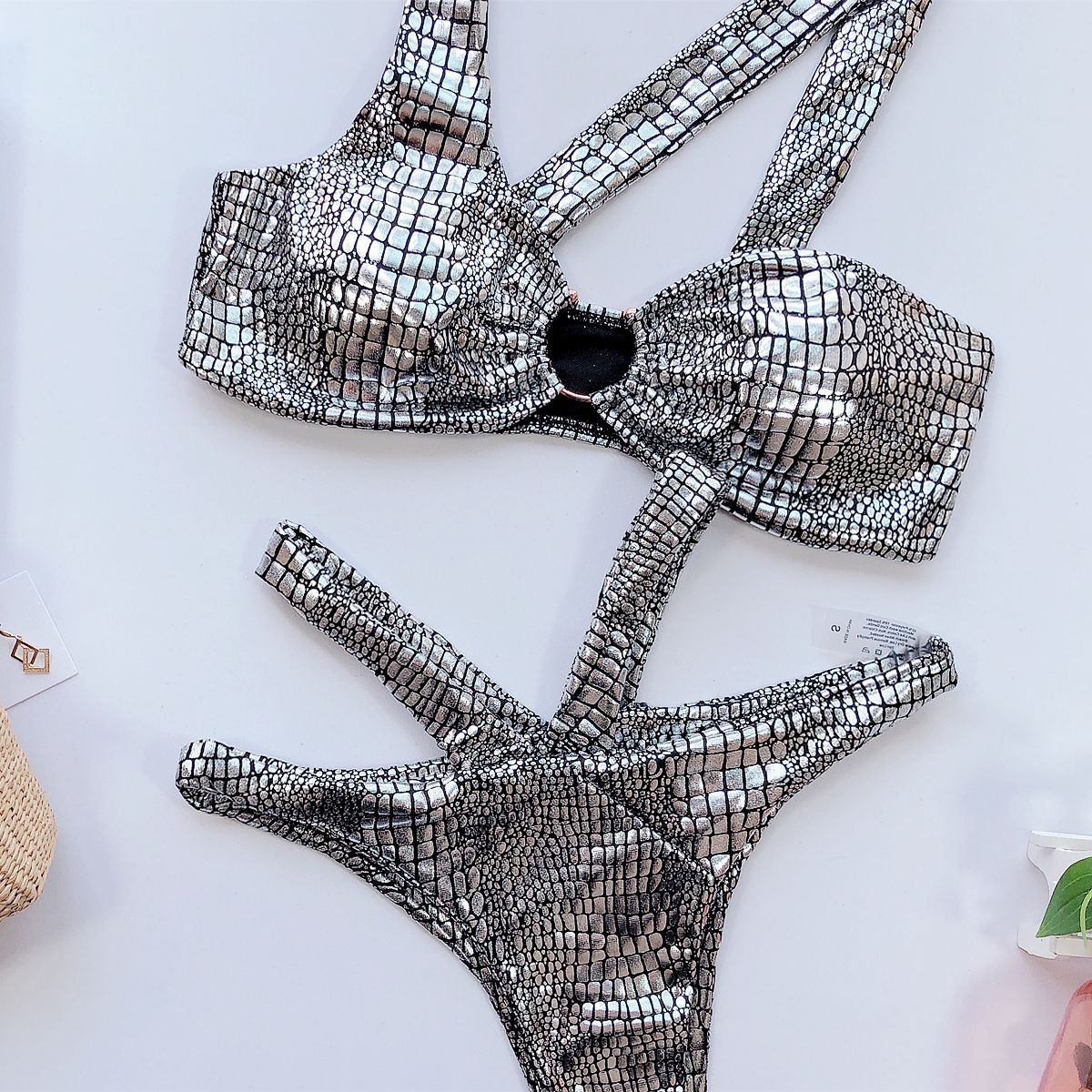 Bikini Sexy Bronzing Snakeskin Hollow Swimwear - Swimsuit Bikinis Set Bathing Suit Beach Bikini Luxe Female Metal Ring