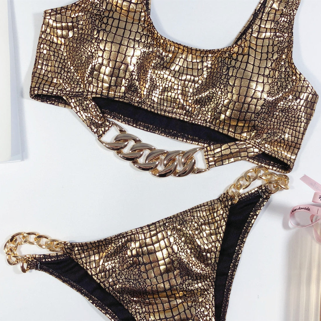 Bikini Sexy Bronzing Snakeskin Metal Chain Swimwear