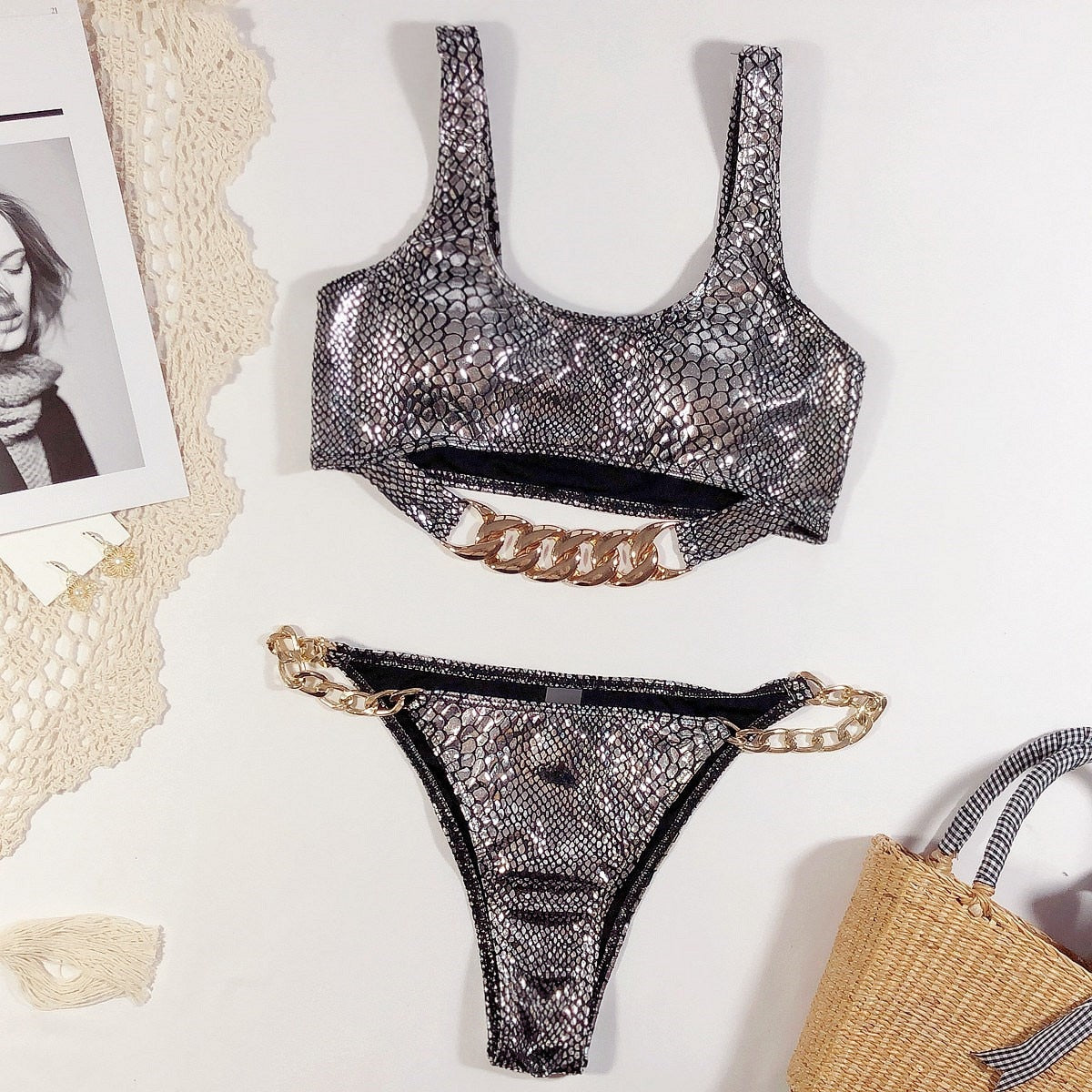 Bikini Sexy Bronzing Snakeskin Metal Chain Swimwear Silver