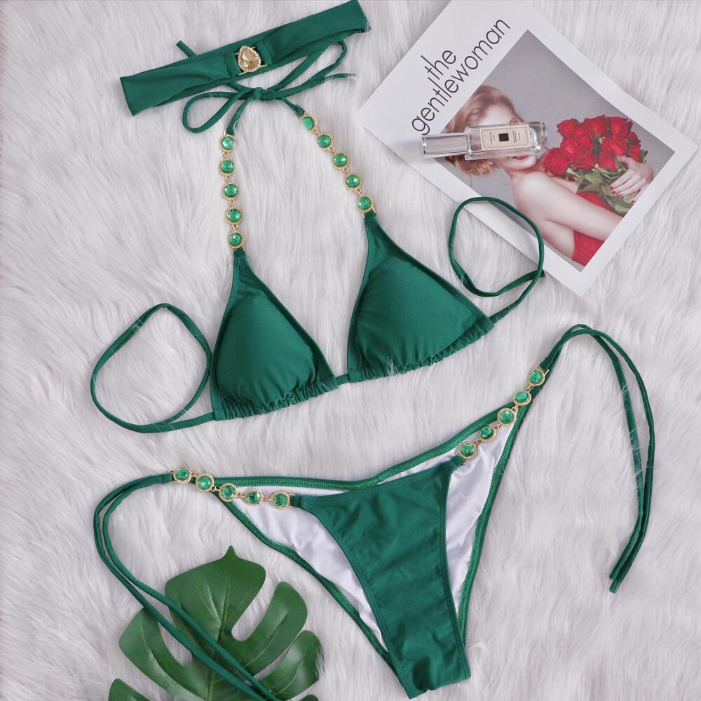Bikini Sexy Crystal Diamond Chain Solid Vintage Swimwear - Swimsuit Bikinis Set Bathing Suit Bikini Luxe with Headband Green