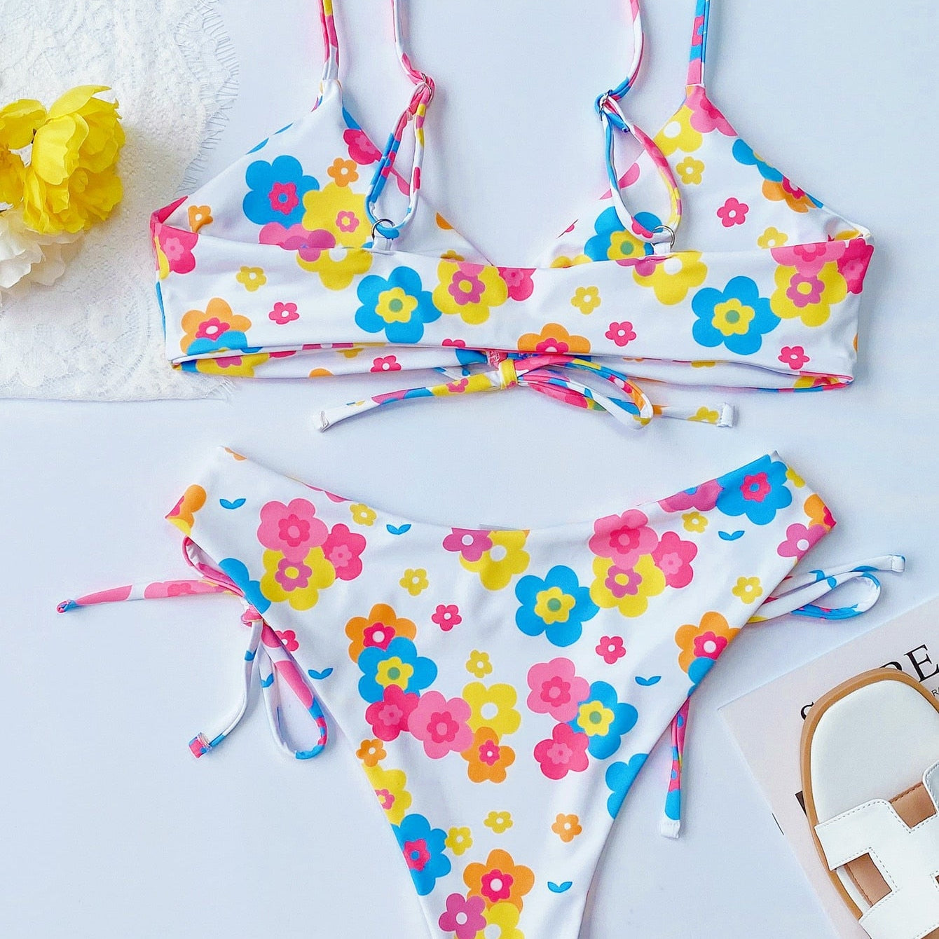 Bikini Sexy Flower Print Drawstring Swimwear Swimsuit - Bikinis Set Bathing Suit Beach Bikini Female Push Up Banadores