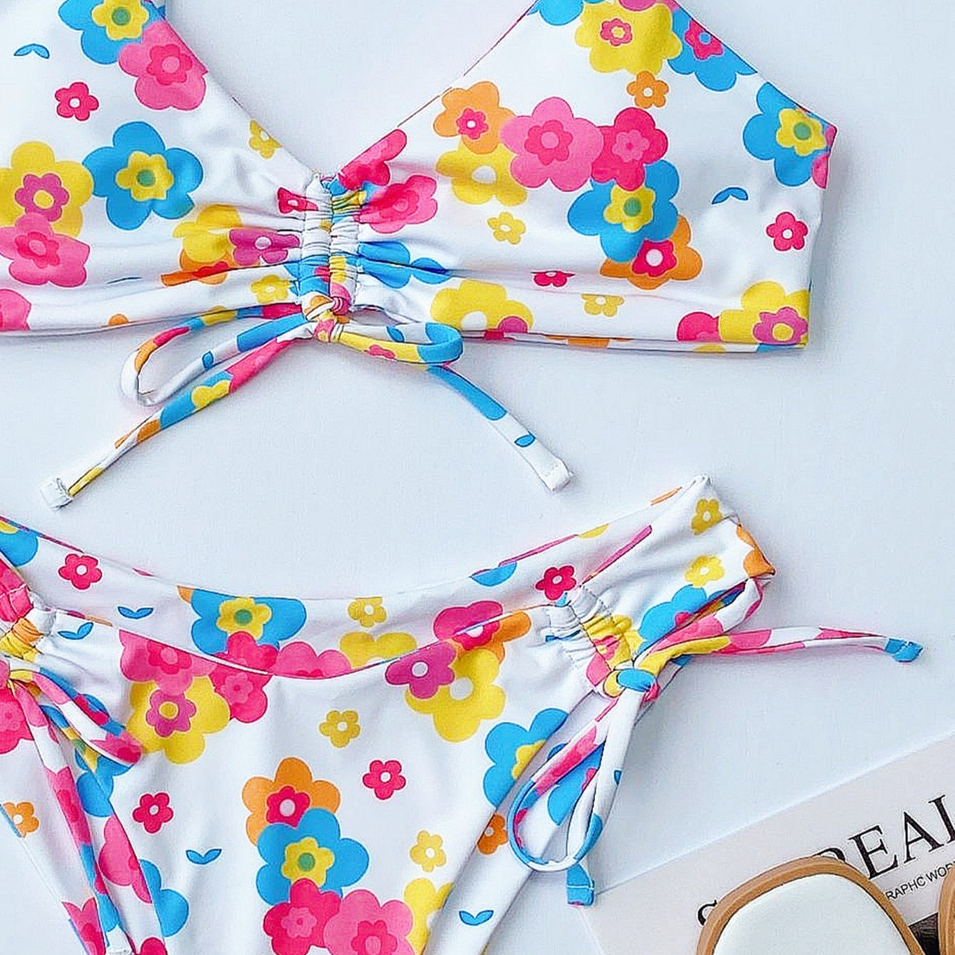 Bikini Sexy Flower Print Drawstring Swimwear Swimsuit - Bikinis Set Bathing Suit Beach Bikini Female Push Up Banadores