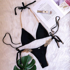 Bikini Sexy Halter Solid Luxury Rhinestone Metal Chain Swimwear - Swim ...