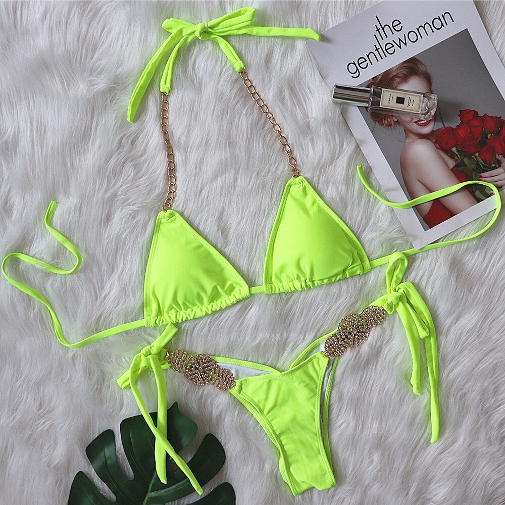 Bikini Sexy Halter Solid Luxury Rhinestone Metal Chain Swimwear - Swimsuit Bikinis Set Bathing Suit Beach Bikini Female Fluorescent green