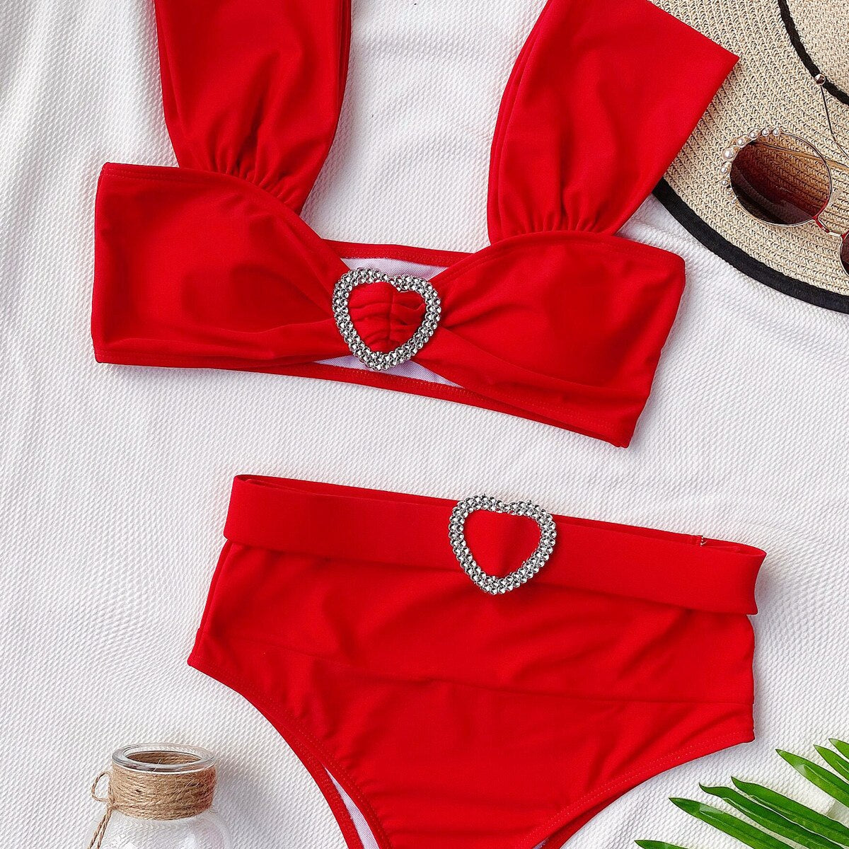 Bikini Sexy Heart-shaped Rhinestone Solid High Waist Swimwear - Swimsuit Bikinis Set Bathing Suit Bikini Luxe Female