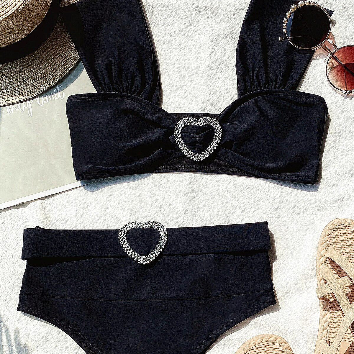 Bikini Sexy Heart-shaped Rhinestone Solid High Waist Swimwear - Swimsuit Bikinis Set Bathing Suit Bikini Luxe Female