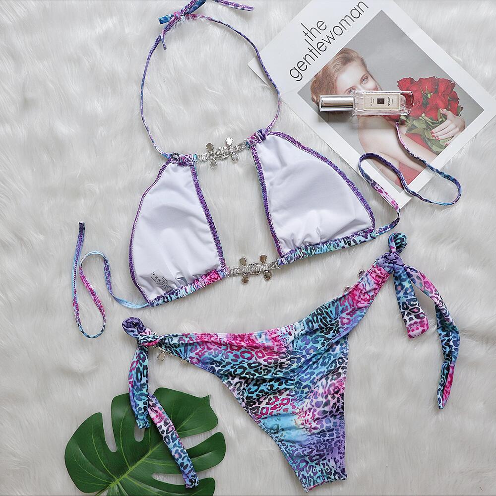 Bikini Sexy Hollow Leopard Print Colorful Luxe Crystal Diamond Swimwear - Swimsuit Women Bikinis Set Bathing Suit New Bikini