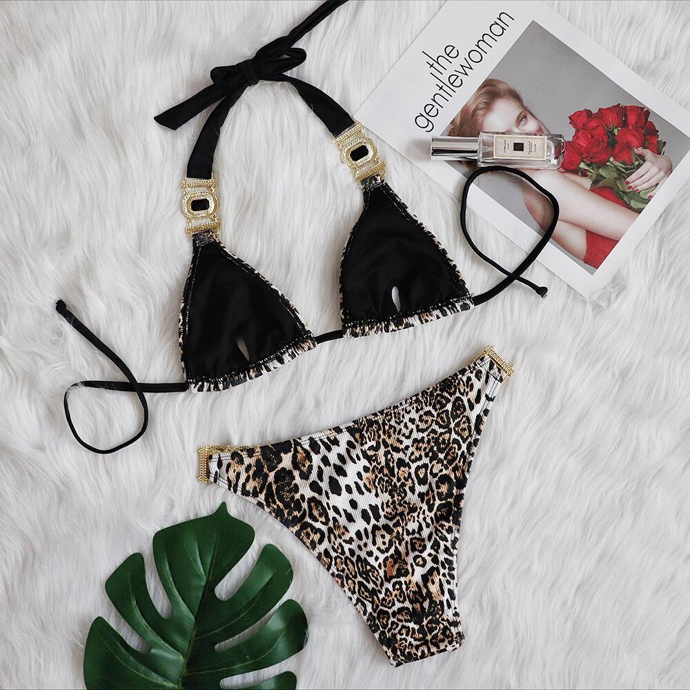 Bikini Sexy Leopard Diamond Chain Swimwear Swimsuit - Halter Bikinis Set Bathing Suit Beach Bikini Luxe Female Push Up AMAIO