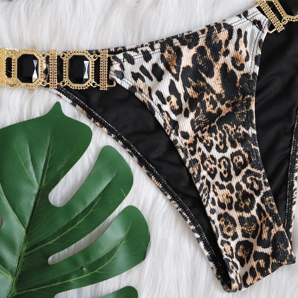 Bikini Sexy Leopard Diamond Chain Swimwear Swimsuit - Halter Bikinis Set Bathing Suit Beach Bikini Luxe Female Push Up
