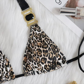 Bikini Sexy Leopard Diamond Chain Swimwear Swimsuit - Halter Bikinis S ...