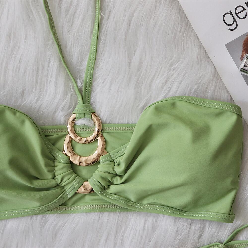 Bikini Sexy Metal Hoop Solid Swimwear Swimsuit - Bikinis Set Bathing Suit Beach Bikini Bandeau Trajes De Bano Mujer