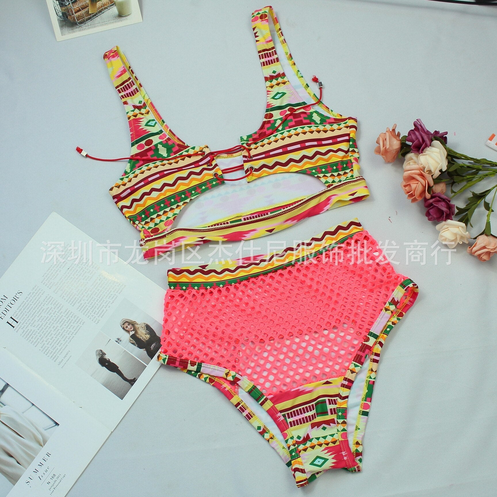 Bikini Sexy Print High Waist Hollow Mesh Swimwear - Swimsuit Bikinis Set Bathing Suit Bikini Brasileno Banadores Mujer Orange Red S