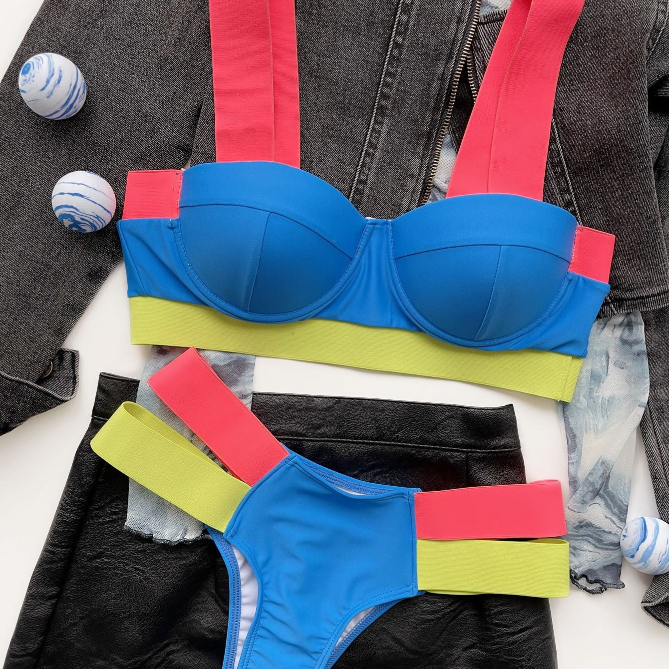 Bikini Sexy Push Up Block Color Patchwork Bandage Swimwear Blue