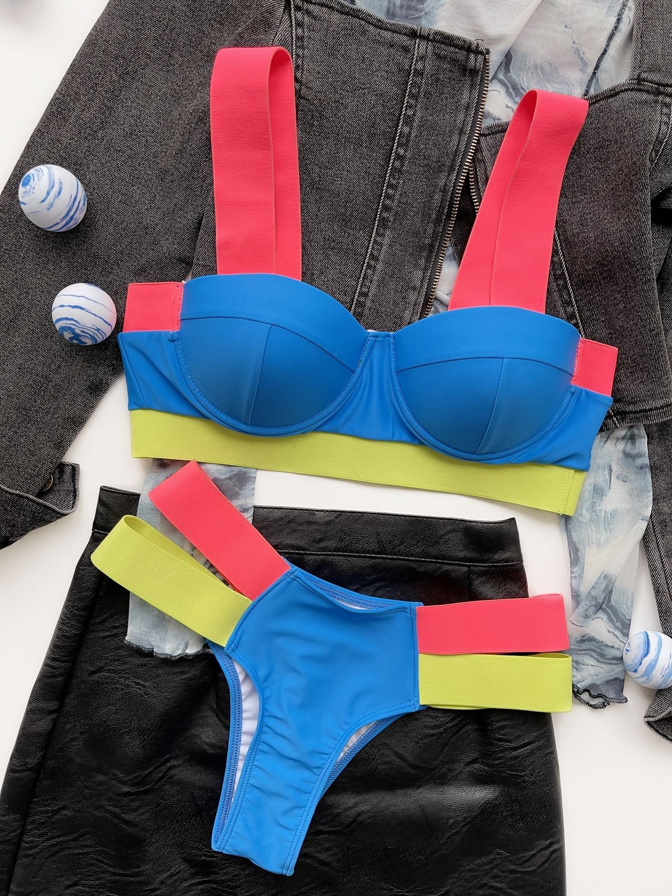 Bikini Sexy Push Up Block Color Patchwork Bandage Swimwear Blue