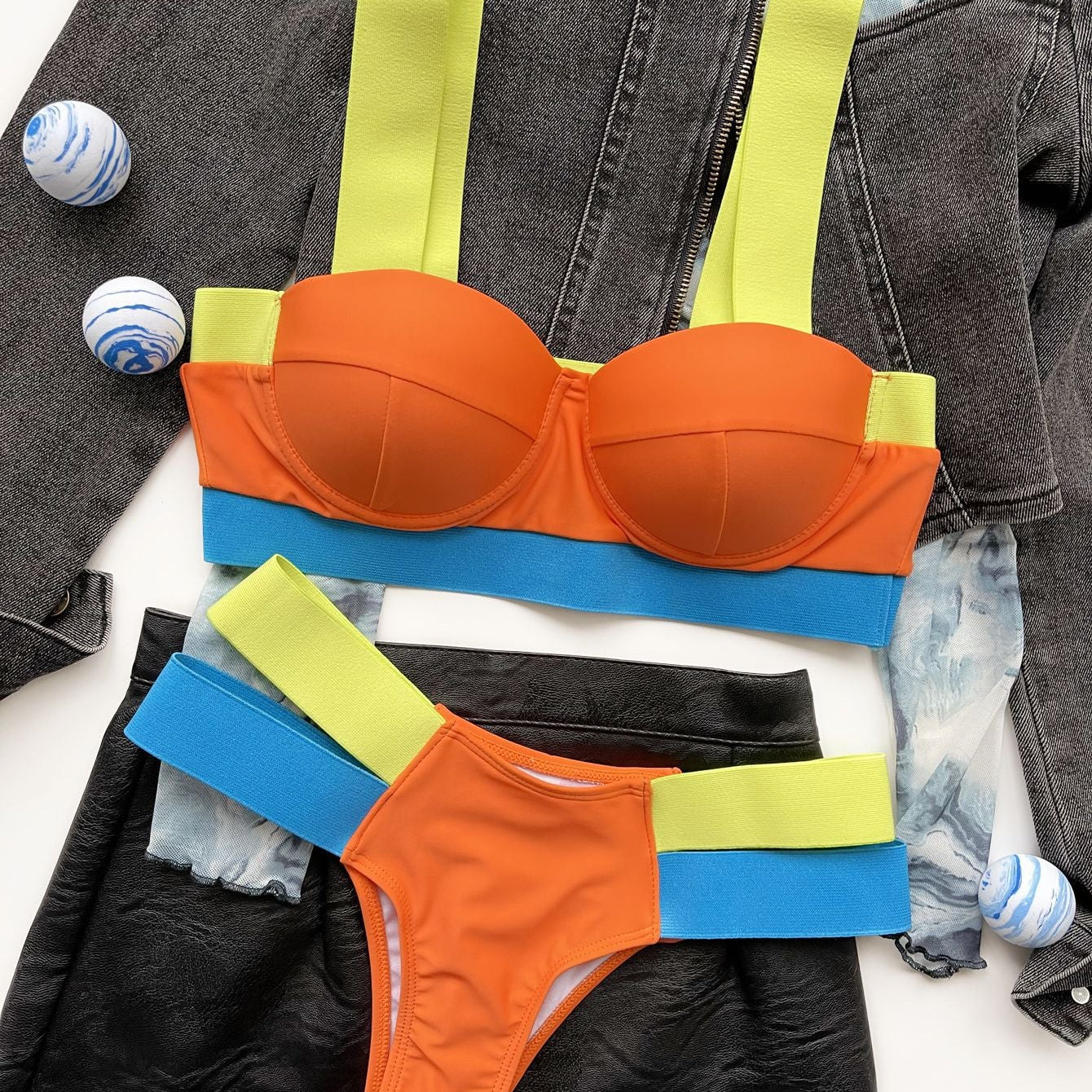 Bikini Sexy Push Up Block Color Patchwork Bandage Swimwear Orange