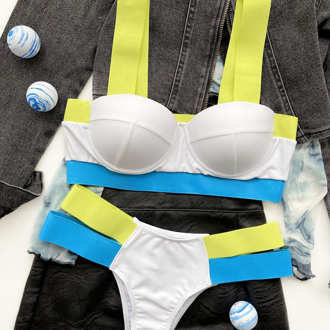 Bikini Sexy Push Up Block Color Patchwork Bandage Swimwear White