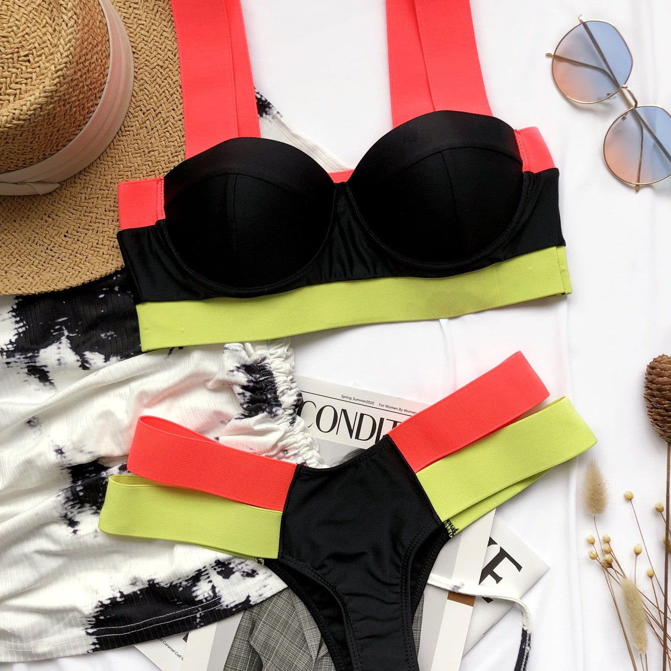 Bikini Sexy Push Up Block Color Patchwork Bandage Swimwear Black