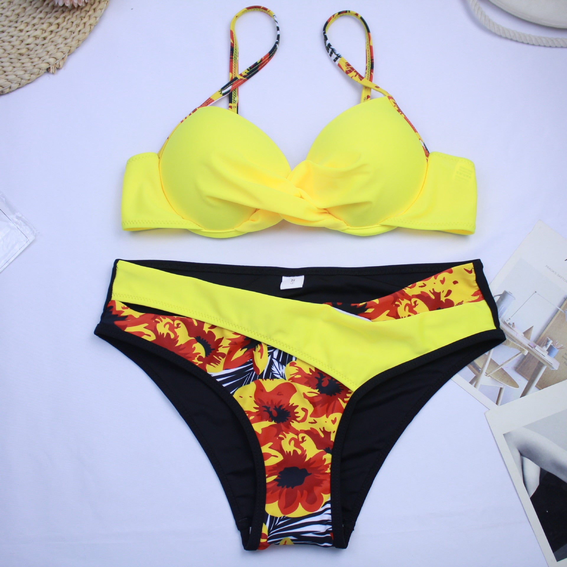 Bikini Sexy Push Up Print Patchwork Swimwear - Bikinis Set Bathing Suit Beach Bikini Female Biquinis Feminino Yellow