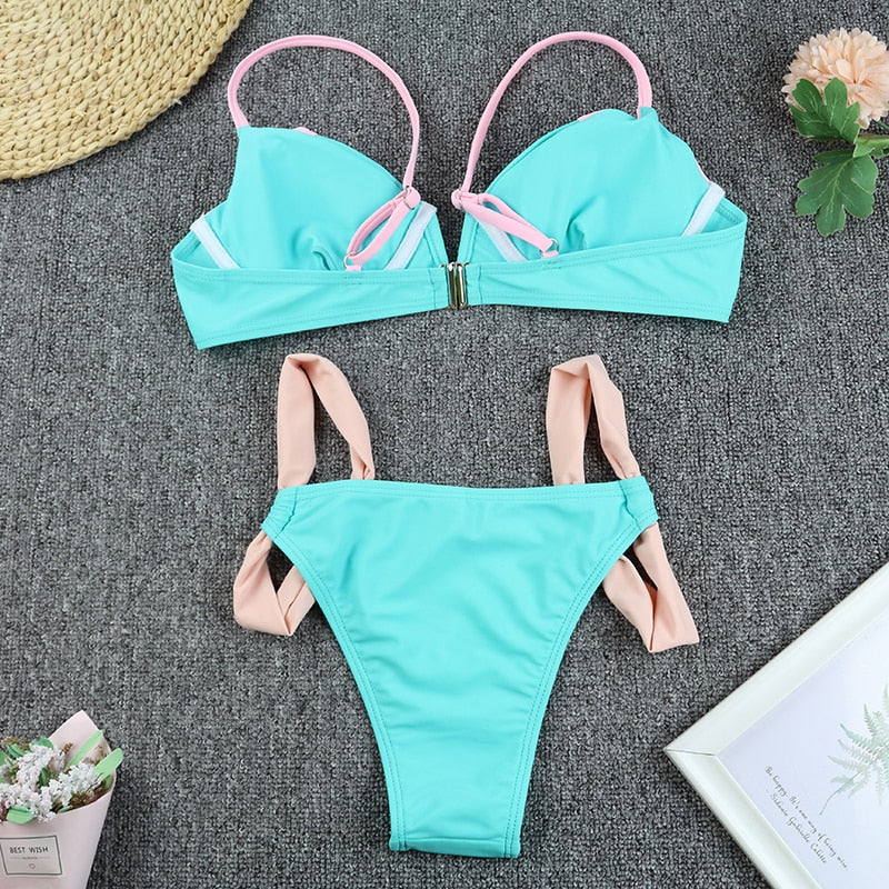 Bikini Sexy Push Up Small V-neck Patchwork Swimwear - Bikinis Set Bathing Suit Beach Bikini Female Banadores
