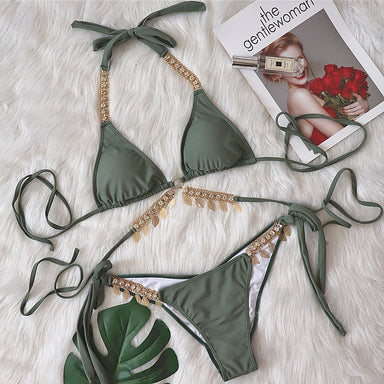 Bikini Sexy Rhinestone Leaf Pendant Metal Chain Solid Swimwear - Swims ...
