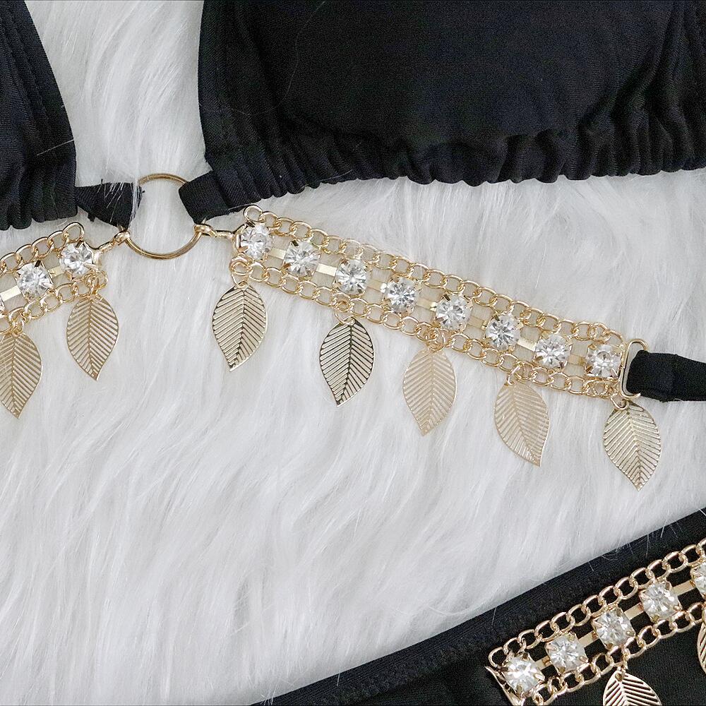 Bikini Sexy Rhinestone Leaf Pendant Metal Chain Solid Swimwear - Swimsuit Bikinis Set Bathing Suit Beach Bikini Female