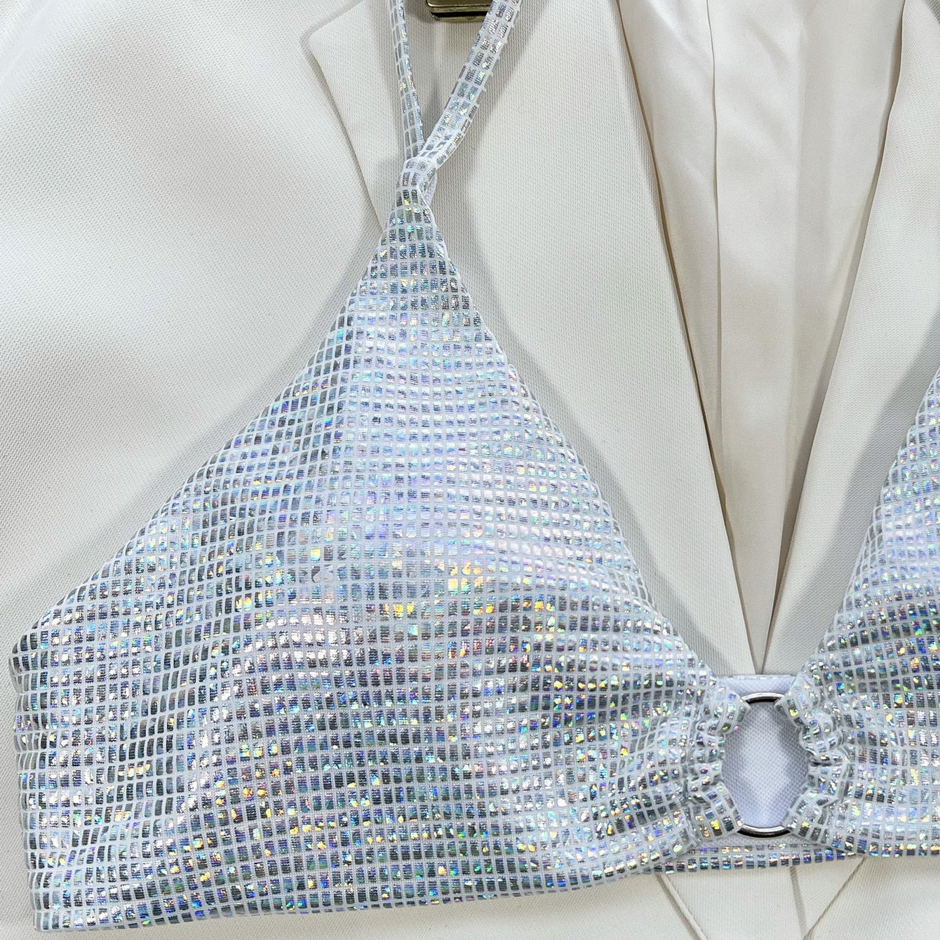 Bikini Sexy Shiny White Push Up Swimwear - Bikinis Set Bathing Suit Beach Vacation Bikini Female Ring Decor