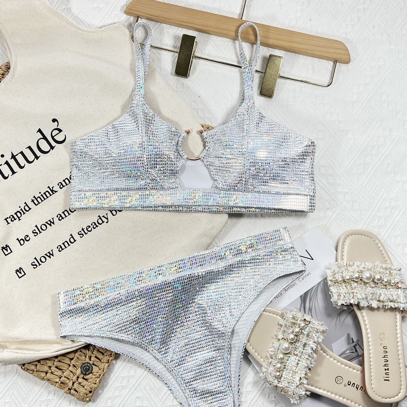 Bikini Sexy Sliver Sequins High Waist Swimwear - Swimsuit Bikinis Set Bathing Suit New Bikini Female Push Up Metal Hoop Silver