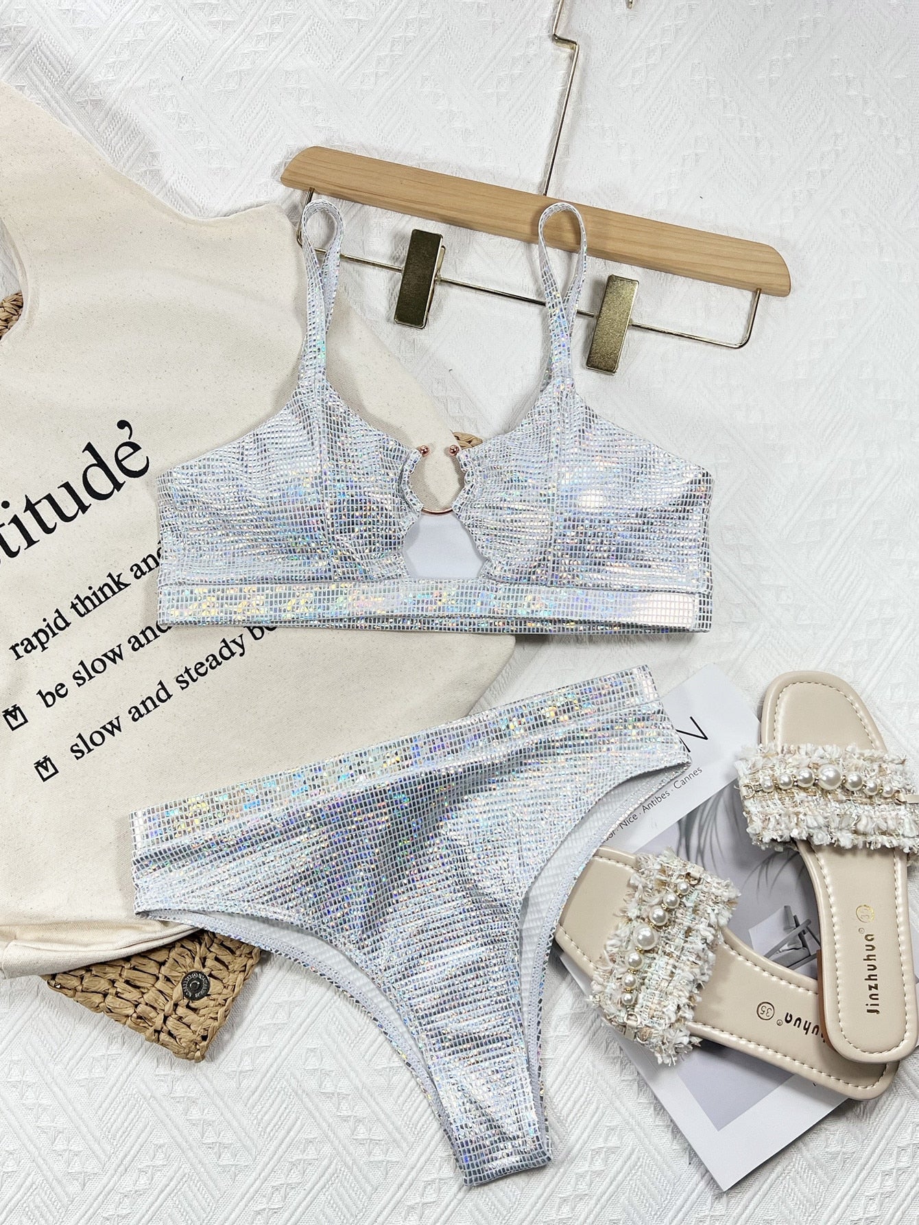 Bikini Sexy Sliver Sequins High Waist Swimwear - Swimsuit Bikinis Set Bathing Suit New Bikini Female Push Up Metal Hoop Silver