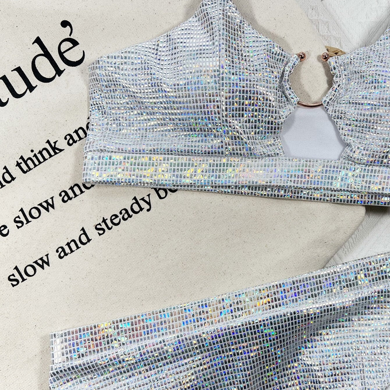 Bikini Sexy Sliver Sequins High Waist Swimwear - Swimsuit Bikinis Set Bathing Suit New Bikini Female Push Up Metal Hoop