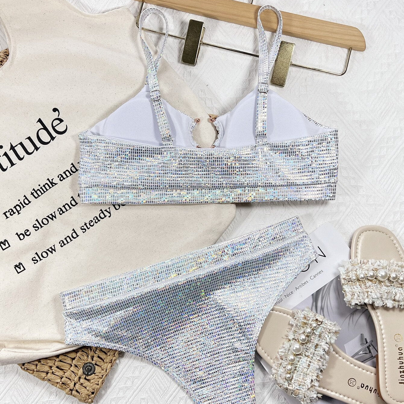 Bikini Sexy Sliver Sequins High Waist Swimwear - Swimsuit Bikinis Set Bathing Suit New Bikini Female Push Up Metal Hoop