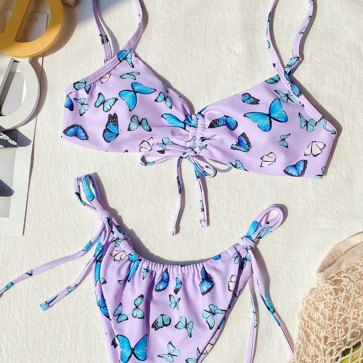 Bikini Sexy Swimwear Swimsuit - Butterfly Print drawstring Knotted Bikinis Set Bathing Suit Beach Bikini Female Push Up