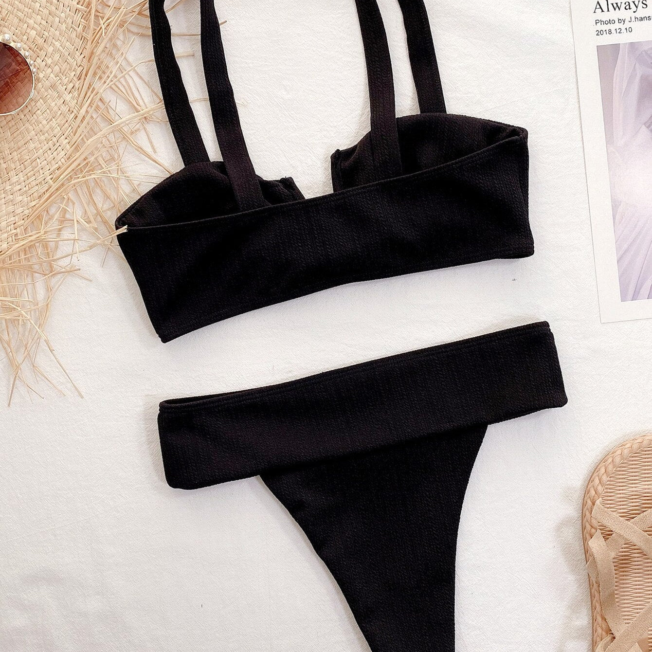 Bikini Sexy V-neck Bowknot High Waist Black Swimwear - Swimsuit Bikinis Set Bathing Suit Bikini Female Push Up Biquinis