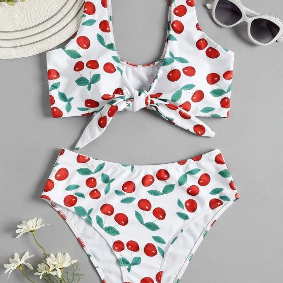 Bikini Split Swimsuit Cherry Print Swimsuit Lace AMAIO