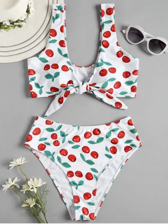 Bikini Split Swimsuit Cherry Print Swimsuit Lace