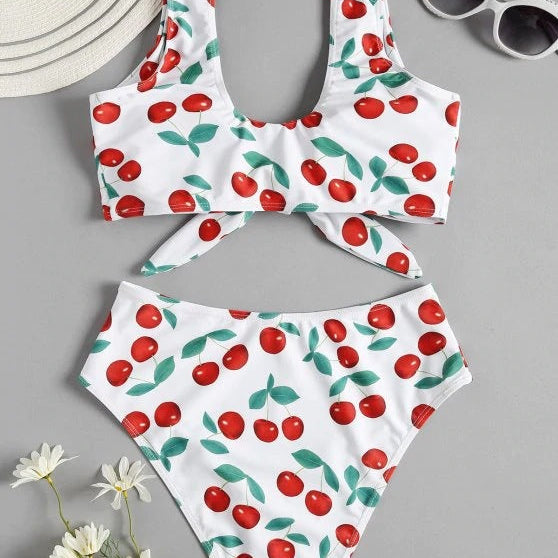 Bikini Split Swimsuit Cherry Print Swimsuit Lace