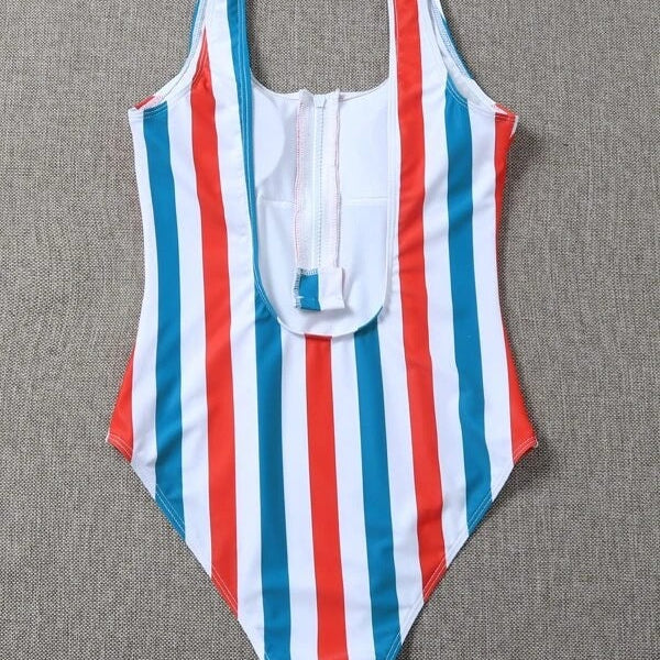 Bikini Zipper Striped One-piece Swimsuit