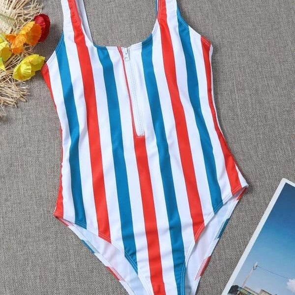 Bikini Zipper Striped One-piece Swimsuit
