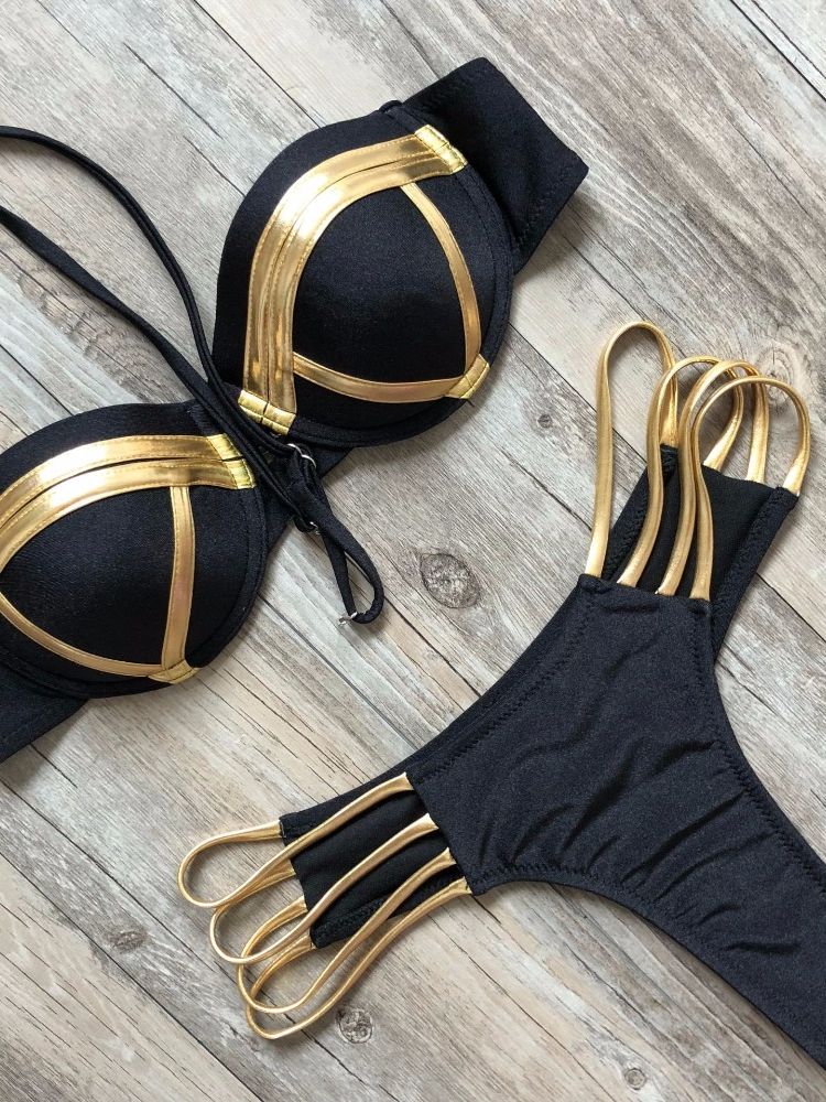 Black Bandage Swimsuit - Sexy Brazilian Bikini Push Up Swimwear - Micro Bikinis Plus Size Beachwear Shiny Gold Beachwear