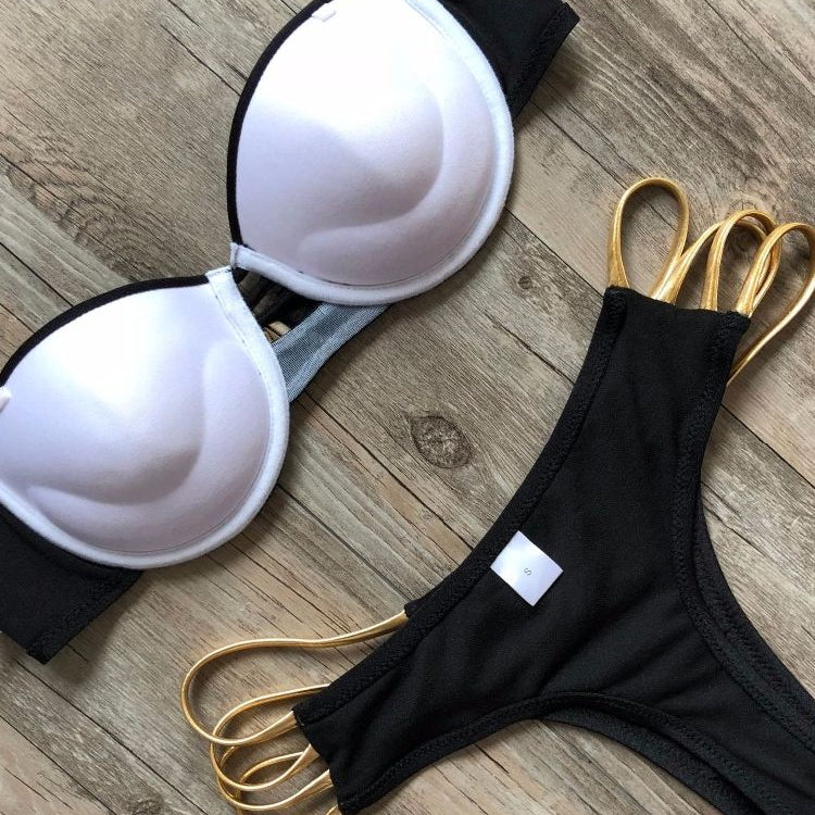 Black Bandage Swimsuit - Sexy Brazilian Bikini Push Up Swimwear - Micro Bikinis Plus Size Beachwear Shiny Gold Beachwear