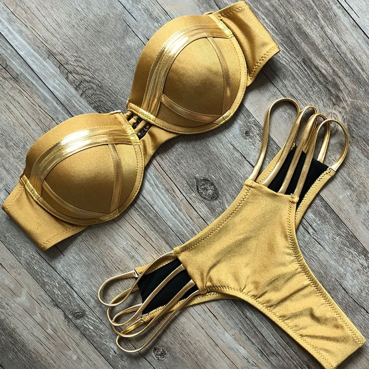 Black Bandage Swimsuit - Sexy Brazilian Bikini Push Up Swimwear - Micro Bikinis Plus Size Beachwear Shiny Gold Beachwear Khaki
