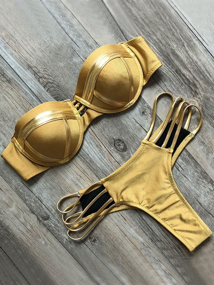 Black Bandage Swimsuit - Sexy Brazilian Bikini Push Up Swimwear - Micro Bikinis Plus Size Beachwear Shiny Gold Beachwear Khaki