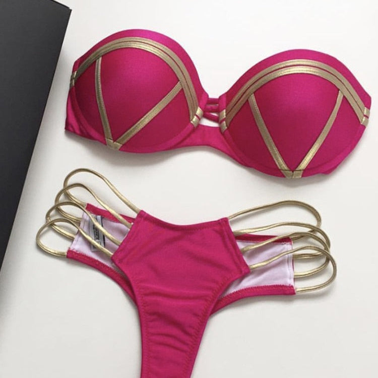 Black Bandage Swimsuit - Sexy Brazilian Bikini Push Up Swimwear - Micro Bikinis Plus Size Beachwear Shiny Gold Beachwear Rose red
