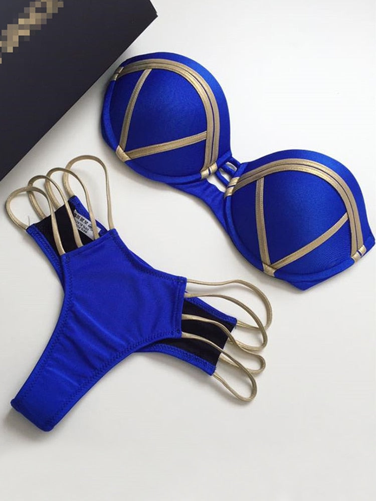 Black Bandage Swimsuit - Sexy Brazilian Bikini Push Up Swimwear - Micro Bikinis Plus Size Beachwear Shiny Gold Beachwear Blue
